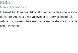 BOLET Mides: 17x24x13 cm El barret llis i lluminós del bolet que creix a recés de la soca de l’arbre. Aquesta peça vol evocar el retorn al bosc i a la natura. És una escultura realitzada amb alabastre i fusta de cedre tractada. 