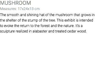 MUSHROOM Measures: 17x24x13 cm The smooth and shining hat of the mushroom that grows in the shelter of the stump of the tree. This exhibit is intended to evoke the return to the forest and the nature. It's a sculpture realized in alabaster and treated cedar wood. 