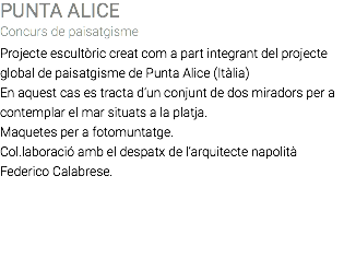 PUNTA ALICE Concurs de paisatgisme Projecte escultòric creat com a part integrant del projecte global de paisatgisme de Punta Alice (Itàlia) En aquest cas es tracta d’un conjunt de dos miradors per a contemplar el mar situats a la platja. Maquetes per a fotomuntatge. Col.laboració amb el despatx de l’arquitecte napolità Federico Calabrese. 